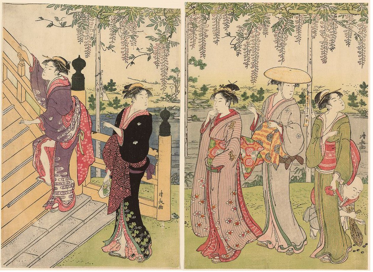 Admirando as glicínias no Santuário Kameido de Torii Kiyonaga