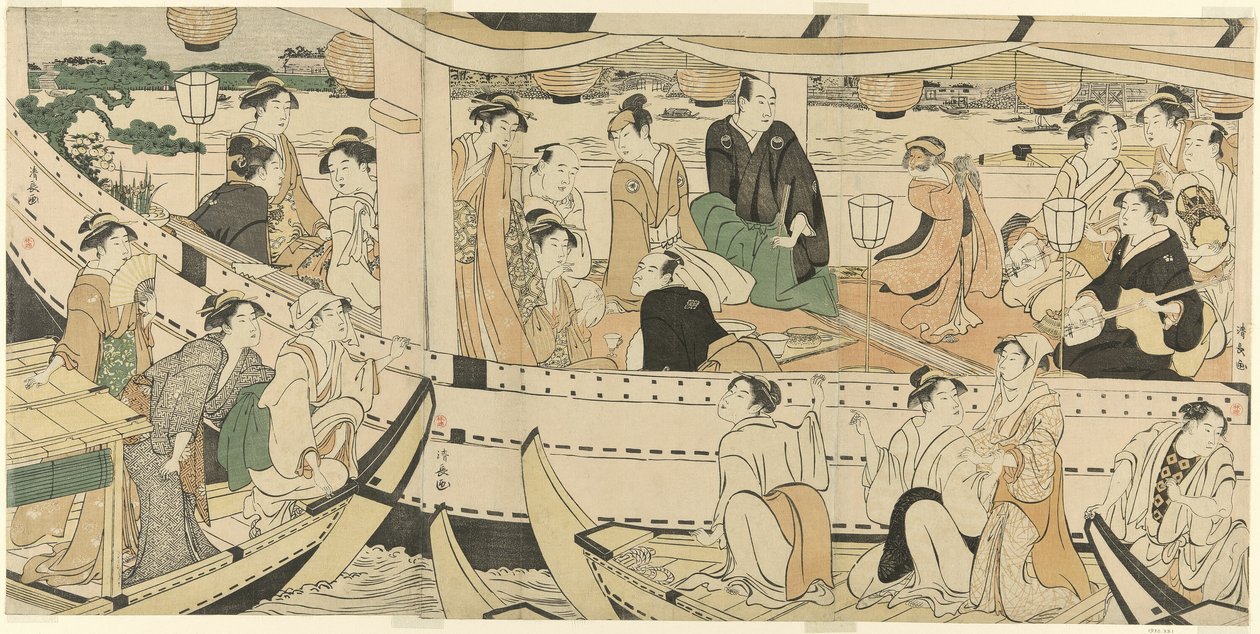 Uma festa de barco dos actores no rio Sumida de Torii Kiyonaga