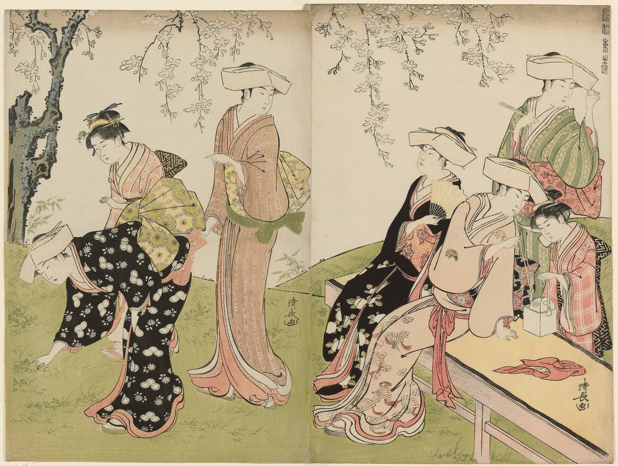 Um passeio na primavera, da série A Brocade of Eastern Manners (Fuzoku azuma no nishiki) de Torii Kiyonaga