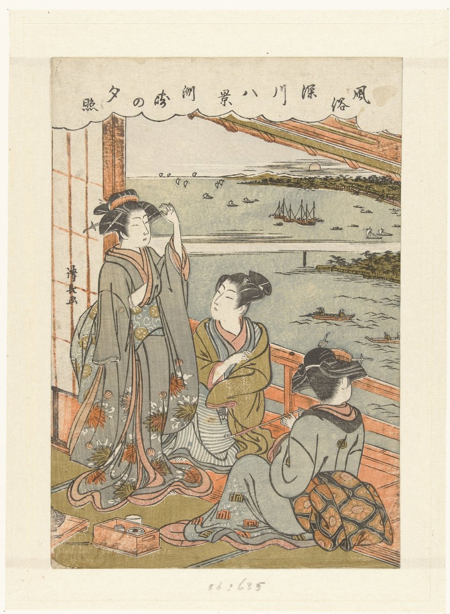 Chuva da noite em Susaki Susaki no sekisho (título no objeto) Oito faces de hábitos e costumes em Fukagawa (título da série) Fuzoku Fukagawa hakkei (título da série no objeto) de Torii Kiyonaga
