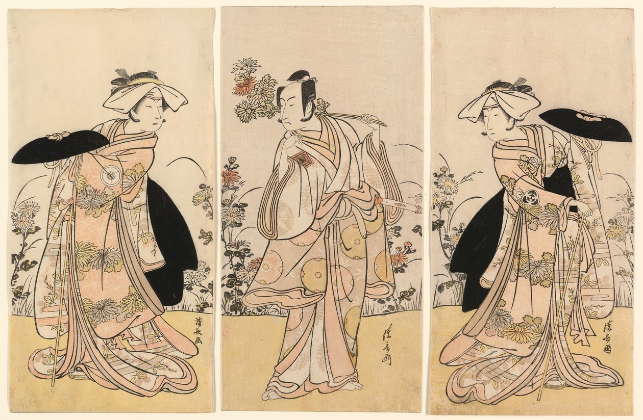 Bando Mitsugoro II como Tennen no Mansaku-kitsune e Ichikawa Monnosuke III como Nikaido Shinanonosuke e Iwai Hanshiro IV como Okura no Kojoro-kitsune na cena do drama Moto Mishi Yuki Sakae Hachi-no-ki (Nidaime Bando Mitsugoro no Tennen no mansaku- de Torii Kiyonaga