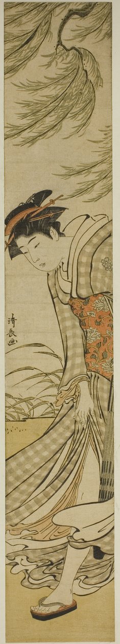 Cortesã andando sob um salgueiro em um dia ventoso de Torii Kiyonaga