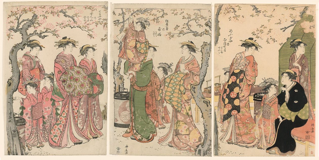 Cortesãs e seus filhos assistentes sob cerejeiras em flor de Torii Kiyonaga