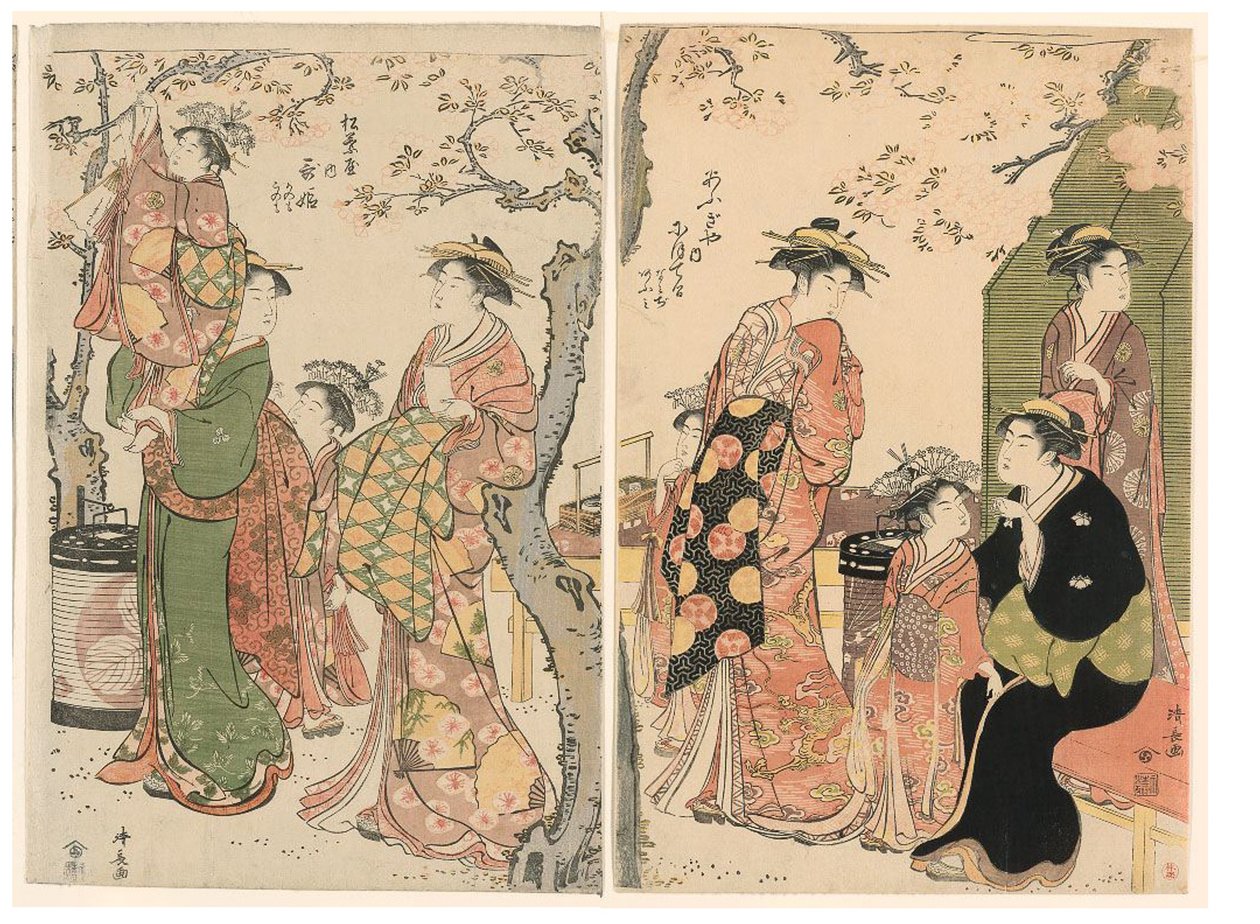 Cortesãs e seus filhos assistentes sob cerejeiras em flor de Torii Kiyonaga