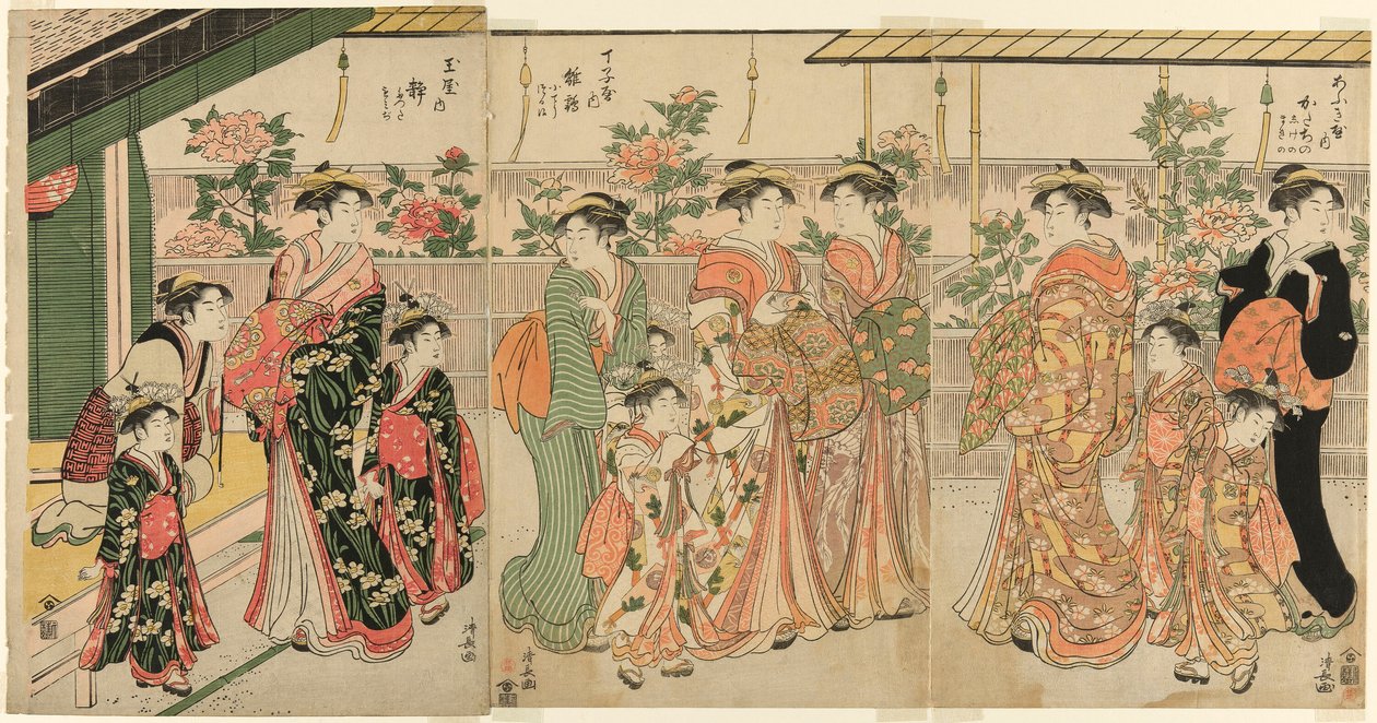 Cortesãs de Yoshiwara e seus atendentes vendo as peônias em Nakanocho de Torii Kiyonaga