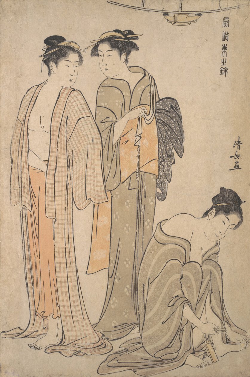 Cortar as unhas dos pés, o banheiro após o banho. de Torii Kiyonaga