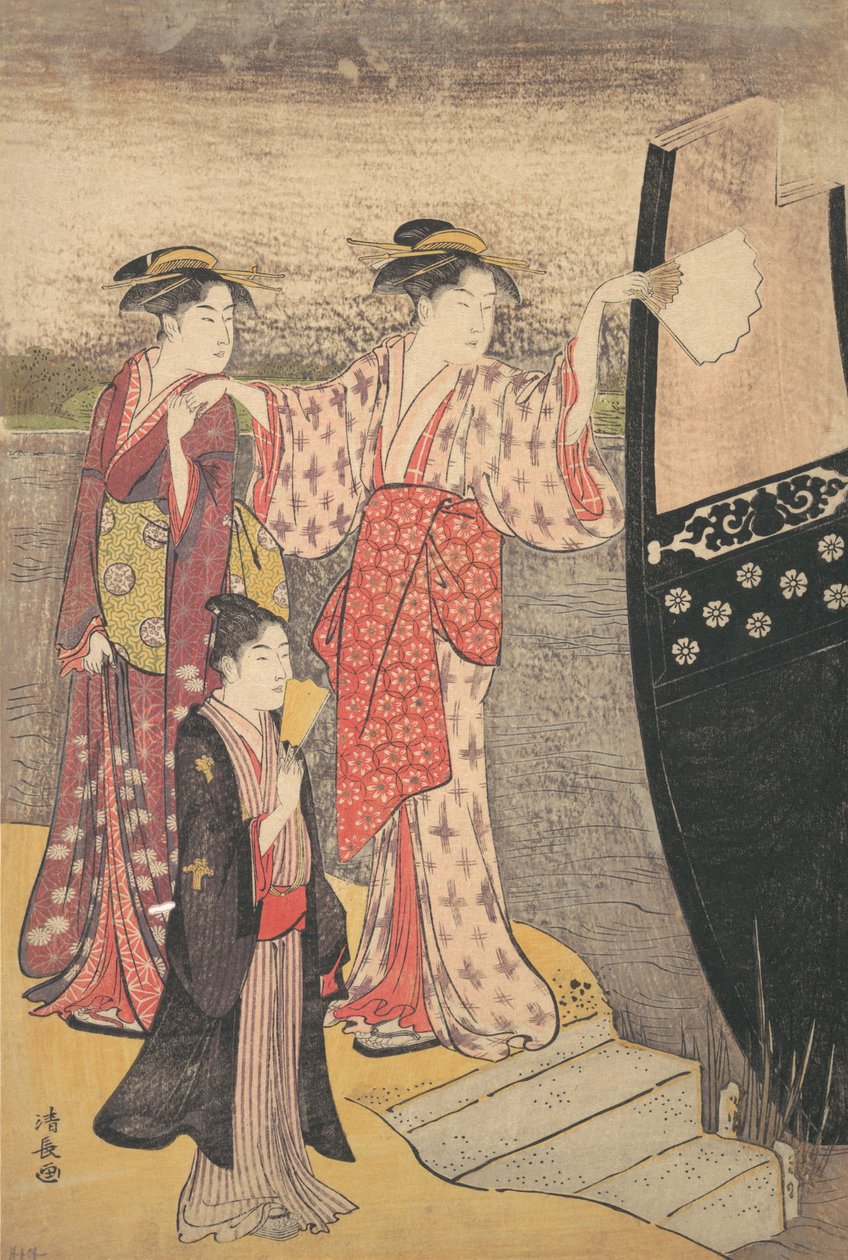 Desembarque de um barco de recreio no rio Sumida. de Torii Kiyonaga