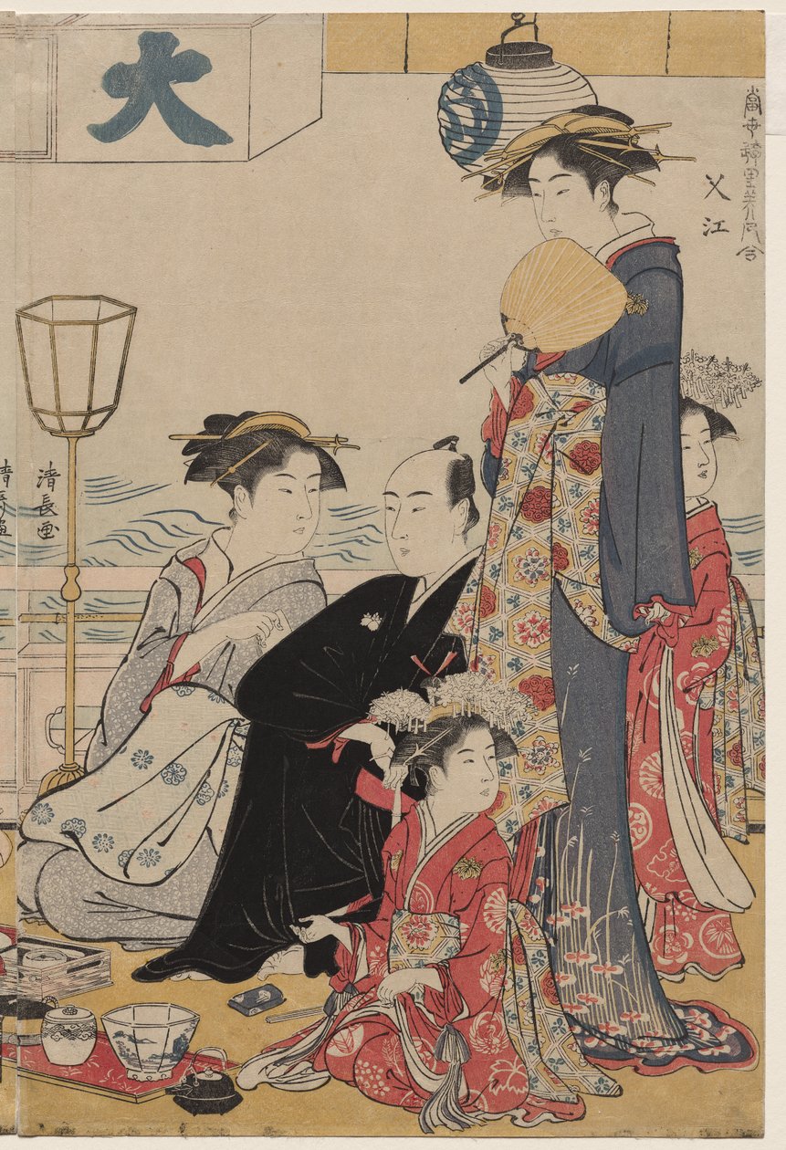 Entretenimento em uma varanda à beira da água em Nakasu, da série, A Collection of Beautiful Modern Women of the Pleasure Quarters de Torii Kiyonaga