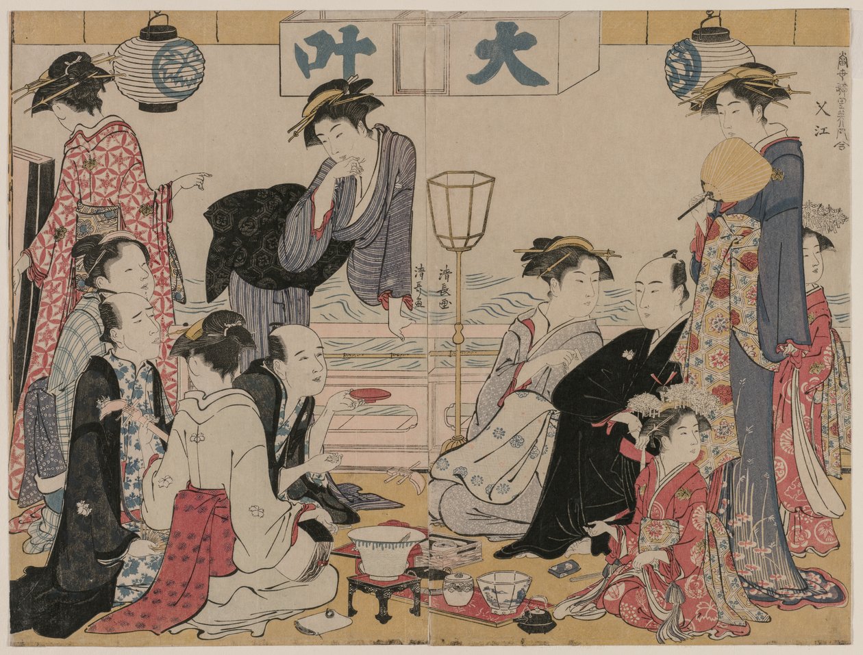 Entretenimento em uma varanda à beira da água em Nakasu, da série, A Collection of Beautiful Modern Women of the Pleasure Quarters de Torii Kiyonaga