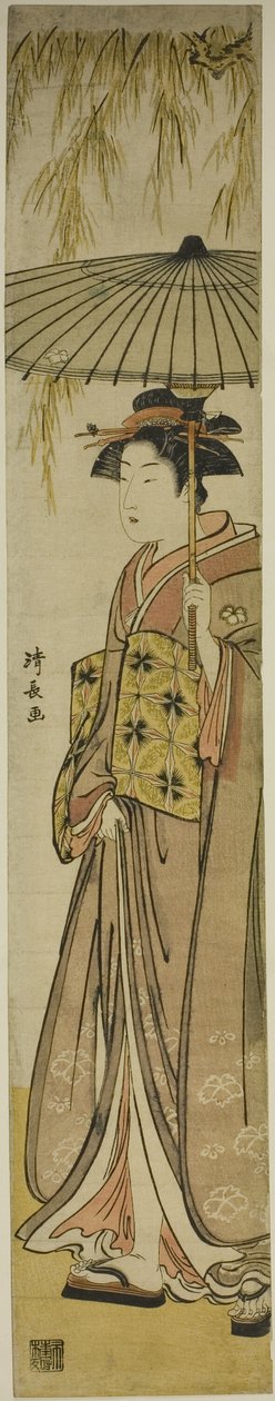 Gueixa carregando um guarda-sol sob um salgueiro de Torii Kiyonaga