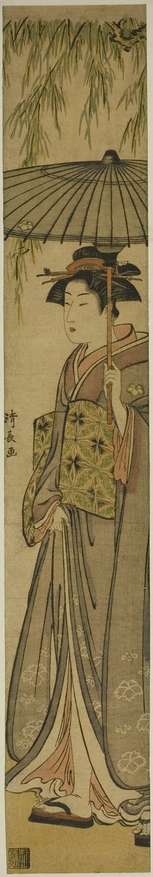 Gueixa carregando um guarda-sol sob um salgueiro de Torii Kiyonaga