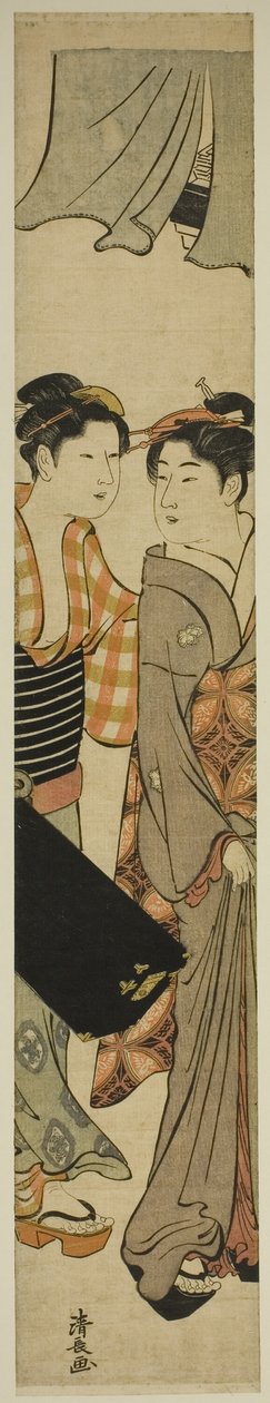 Gueixa e sua empregada carregando uma caixa Shamisen de Torii Kiyonaga