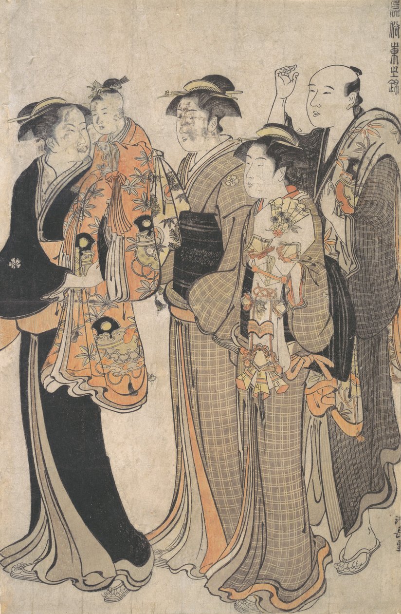 Mãe carregando seu bebê para o Miya Mairi, ca. 1784. de Torii Kiyonaga