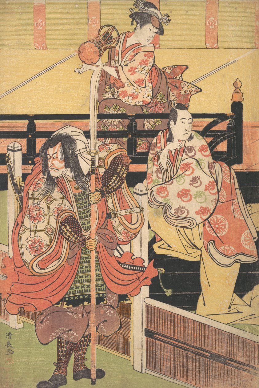 Em uma varanda, uma mulher está sentada jogando um Tsuzumi, abaixo de um homem em traje de Daimyo é mar..., ca. 1790. de Torii Kiyonaga