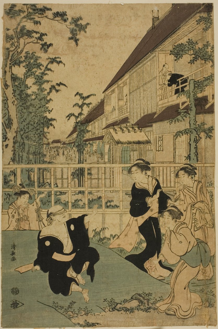 Diversões ao ar livre na Kankanro Teahouse em Yoshiwara de Torii Kiyonaga