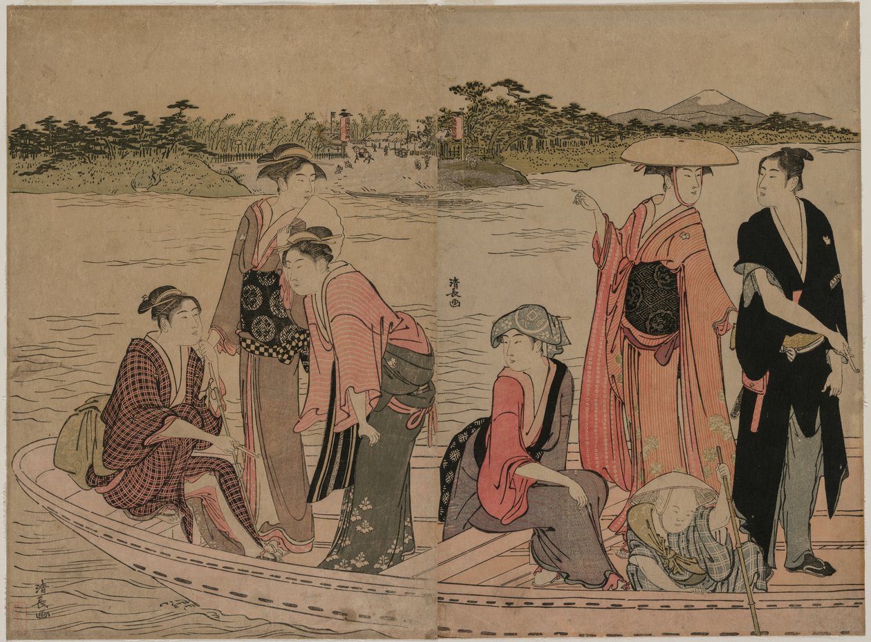 Passageiros em um Ferry Boat no Rio Sumida de Torii Kiyonaga