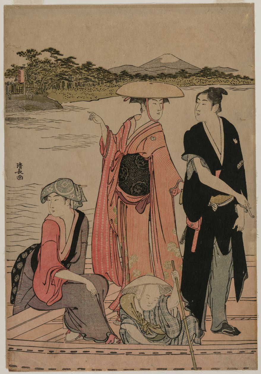Passageiros em um ferryboat no rio Sumida, 1784. de Torii Kiyonaga