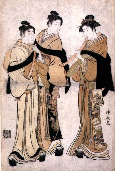 Tocar o Shakuhachi, c.1782 (impressão em bloco de madeira com estampagem cega) de Torii Kiyonaga