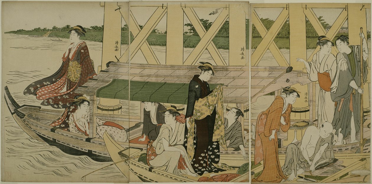 Barcos de recreio abaixo da ponte Azuma de Torii Kiyonaga