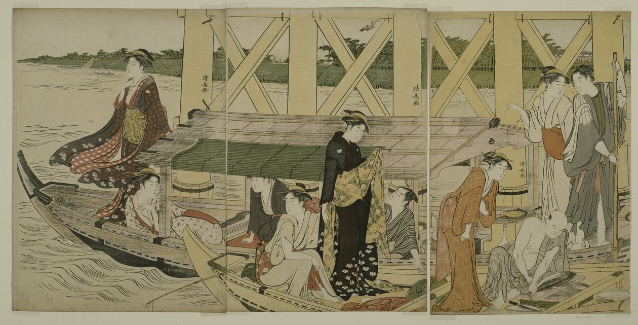Barcos de recreio abaixo da Ponte Azuma, c.1784 de Torii Kiyonaga