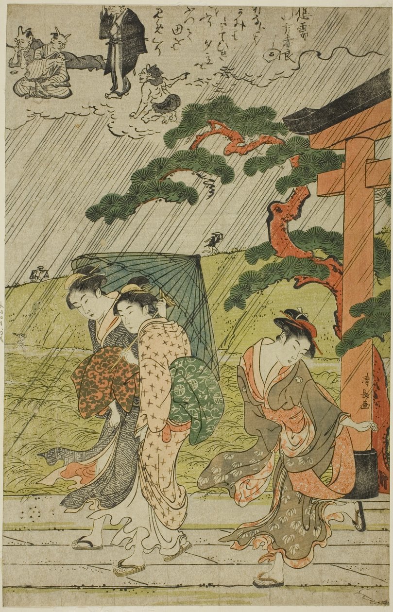 Chuveiro repentino no Santuário de Mimeguri de Torii Kiyonaga