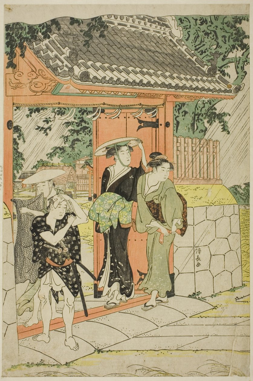 Chuveiro repentino no Santuário de Mimeguri de Torii Kiyonaga