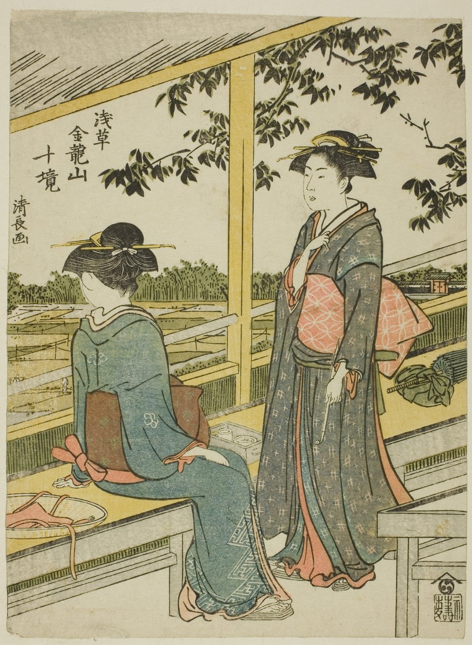 Casa de chá com vista para campos de arroz, da série "Dez recintos do Templo Kinryuzan em Asakusa (Asakusa Kinruzan jikkei)" de Torii Kiyonaga