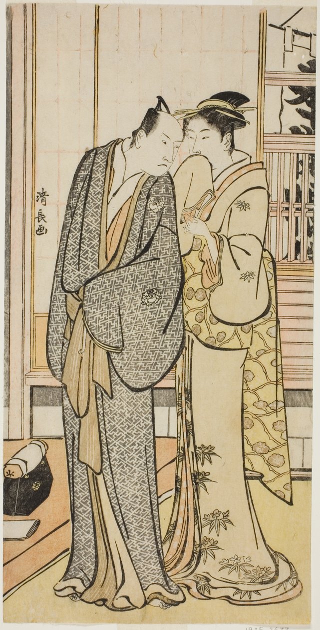 O ator Ichikawa Yaozo III com uma gueixa, de uma série de gravuras sem título mostrando atores na vida privada de Torii Kiyonaga