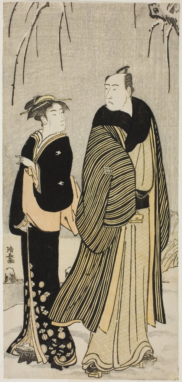 O ator Matsumoto Koshiro IV e uma gueixa, de uma série de gravuras sem título mostrando atores na vida privada de Torii Kiyonaga
