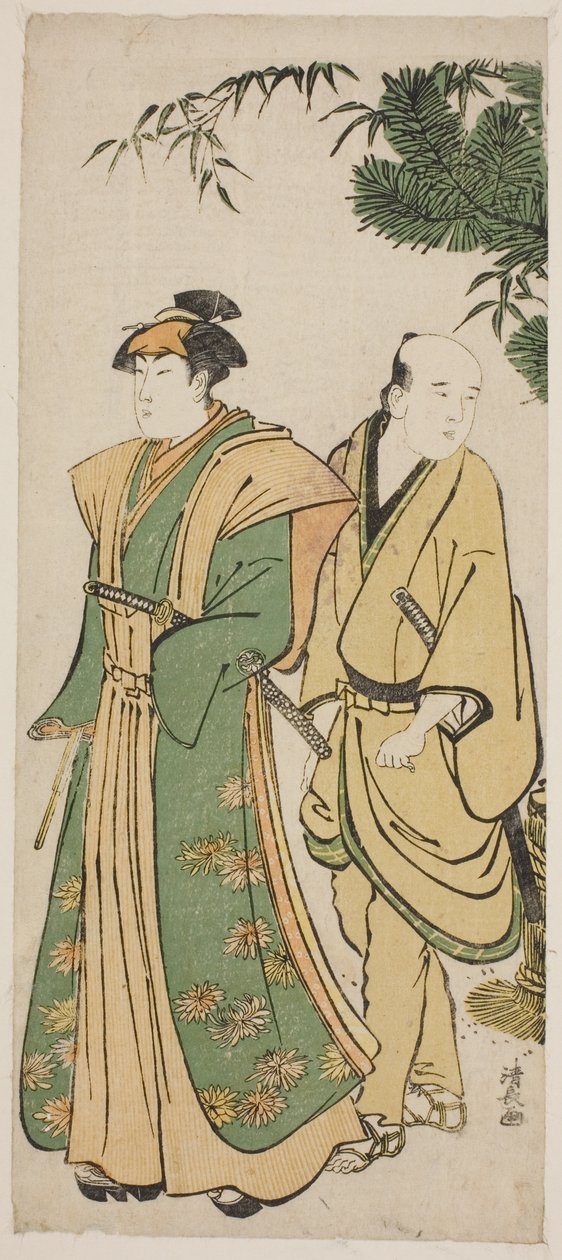 O ator Segawa Kikunojo III e o seu acompanhante fazem a ronda cermonial no Ano Novo de Torii Kiyonaga