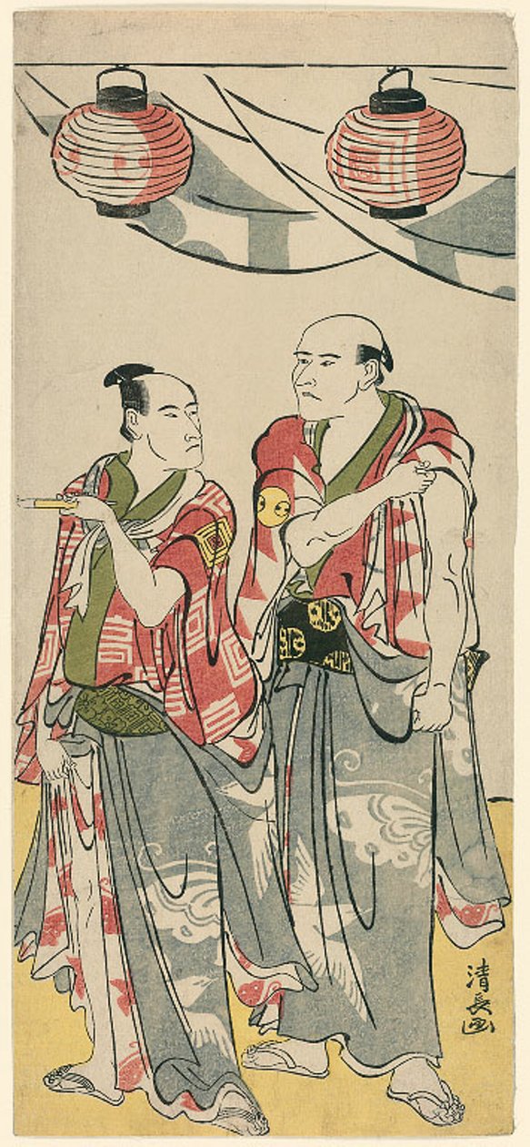 Os atores Arashi Ryuzo II e Ichikawa Komazo III, de um pentáptico de onze atores celebrando o festival do santuário dos irmãos Soga de Torii Kiyonaga