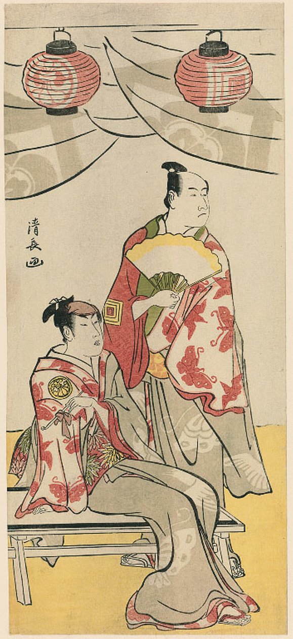 Os atores Ichikawa Monnosuke II e Segawa Kikunojo III, de um pentáptico de onze atores celebrando o festival do santuário dos irmãos Soga de Torii Kiyonaga