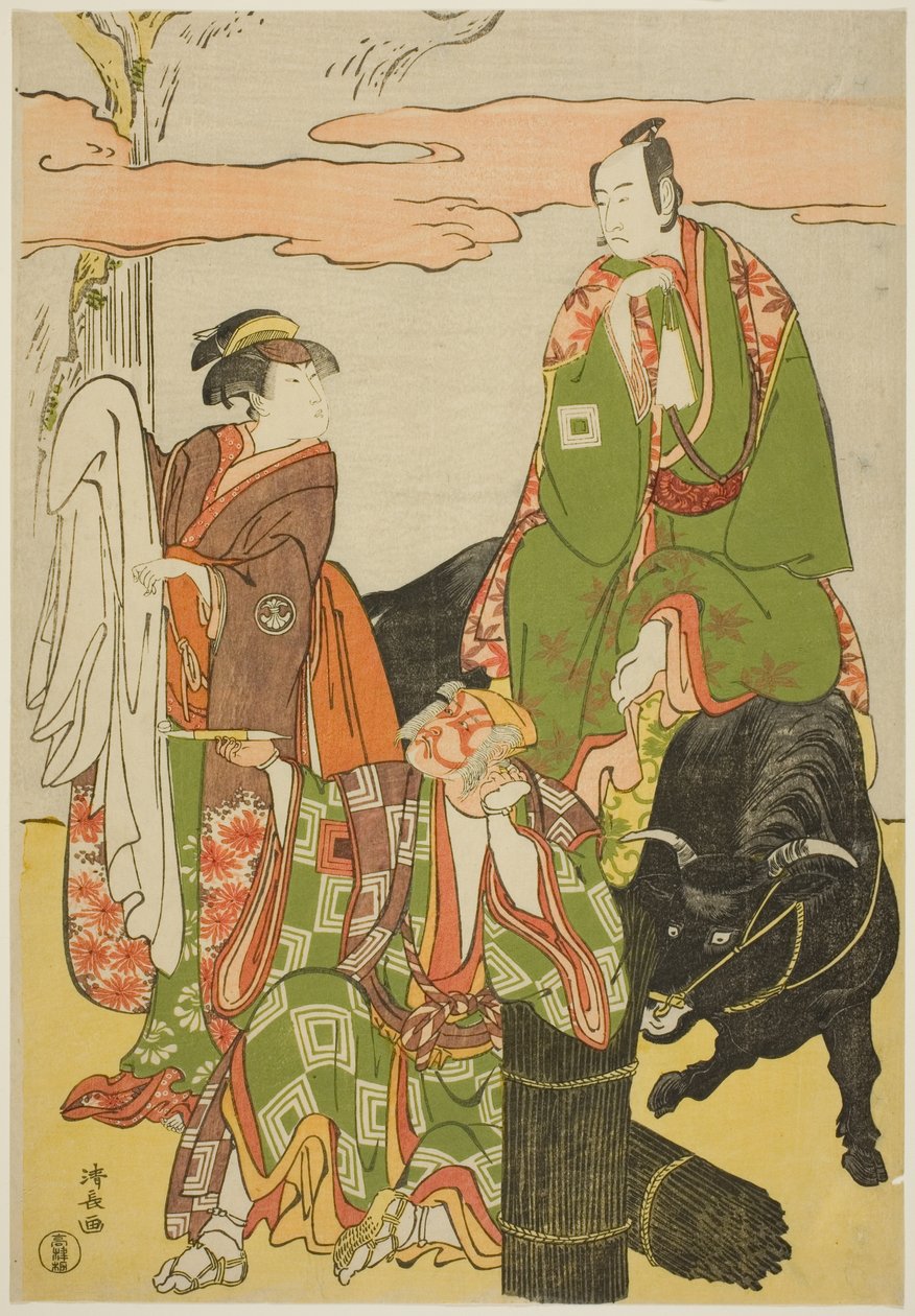 Os atores Ichikawa Monnosuke II como Miyukinosuke, Segawa Kikunojo III como Hatsune-hime, e Ichikawa Danjuro V como Ninnaji no Saibei, no joruri "Shitenno Oe no Yamairi", realizado no Kiri Theatre no décimo primeiro mês, 1785 de Torii Kiyonaga