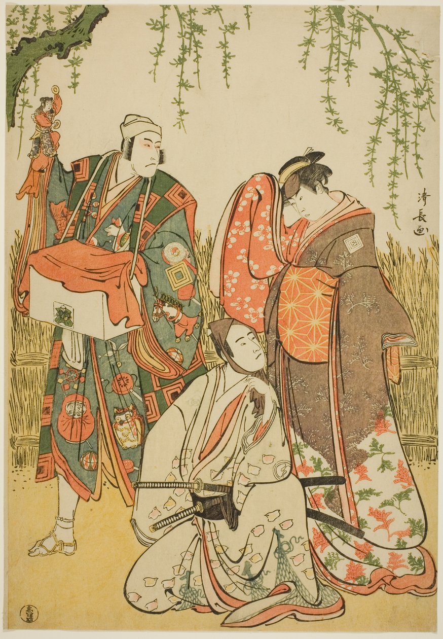 Os atores Ichikawa Yaozo III como Shiragiku, Ichikawa Danjuro V como o marionetista Dekurokubei e Sawamura Sojuro III como Soga no Juro, no joruri "Shinobukoi Yanagi no Katsura Otoko", realizado no Teatro Nakamura no primeiro mês de 1785 de Torii Kiyonaga