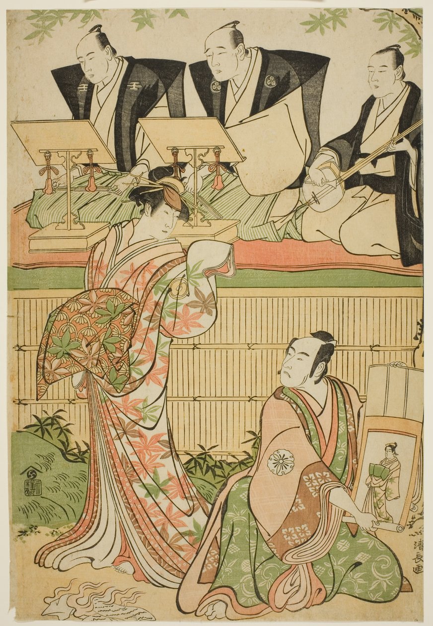 Os atores Matsumoto Koshiro IV como Ukita Sakingo e Sawamura Sojuro III como o fantasma da cortesã Takao, na peça "Ominaeshi Sugata no Hatsuaki", apresentada no Teatro Nakamura, 1788 de Torii Kiyonaga
