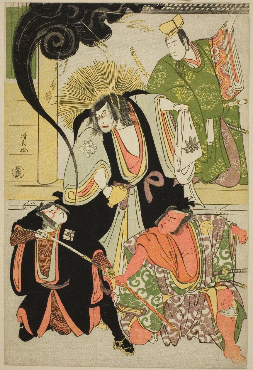 Os atores Nakayama Kojuro VI (Nakamura Nakazo I) como Hatchotsubute no Kiheiji, Otani Hiroji III como Miura Arajiro, Ichikawa Yaozo III como Akugenta Yoshihira, Sawamura Sojuro III como Taira no Shigemori, no shosa "Fukyoku Edo Geisha", realizado no Nakam de Torii Kiyonaga
