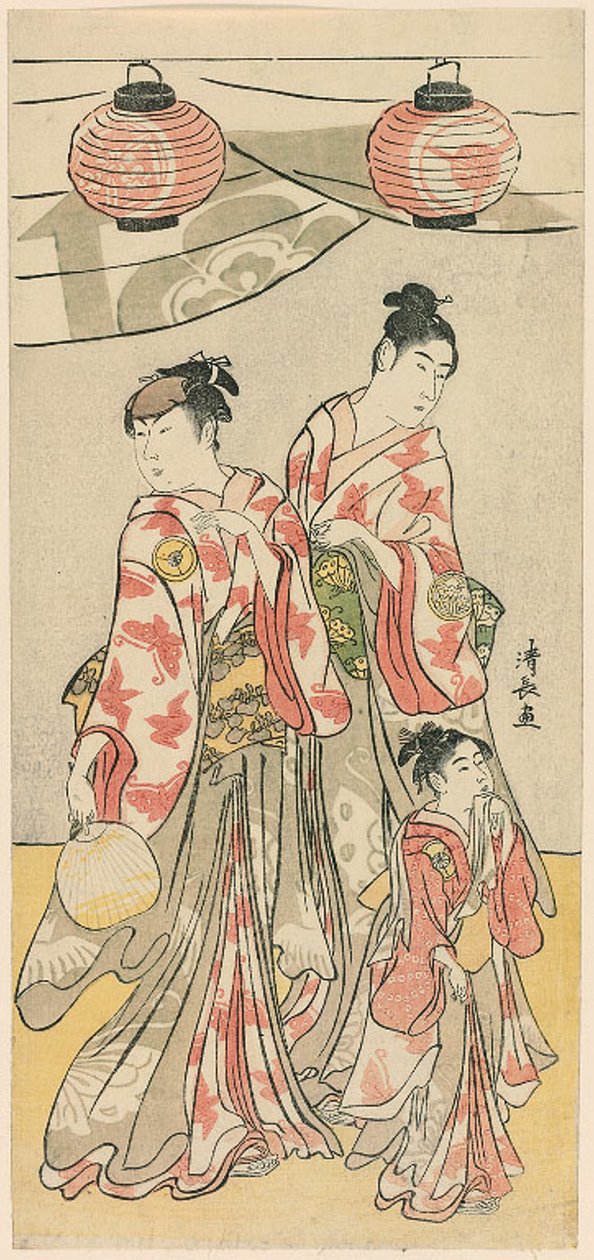 Os atores Yamashita Mangiku, Iwai Hanshiro IV e Iwai Kumesaburo de um pentáptico de onze atores celebrando o festival do santuário dos irmãos Soga de Torii Kiyonaga