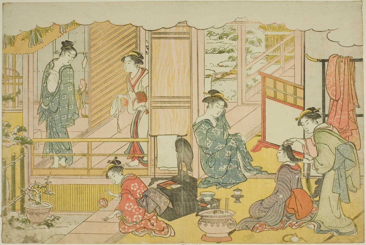 O Primeiro Banho do Ano Novo (Yudono hajime), do livro ilustrado "Colors of the Triple Dawn (Saishiki mitsu no asa)" de Torii Kiyonaga
