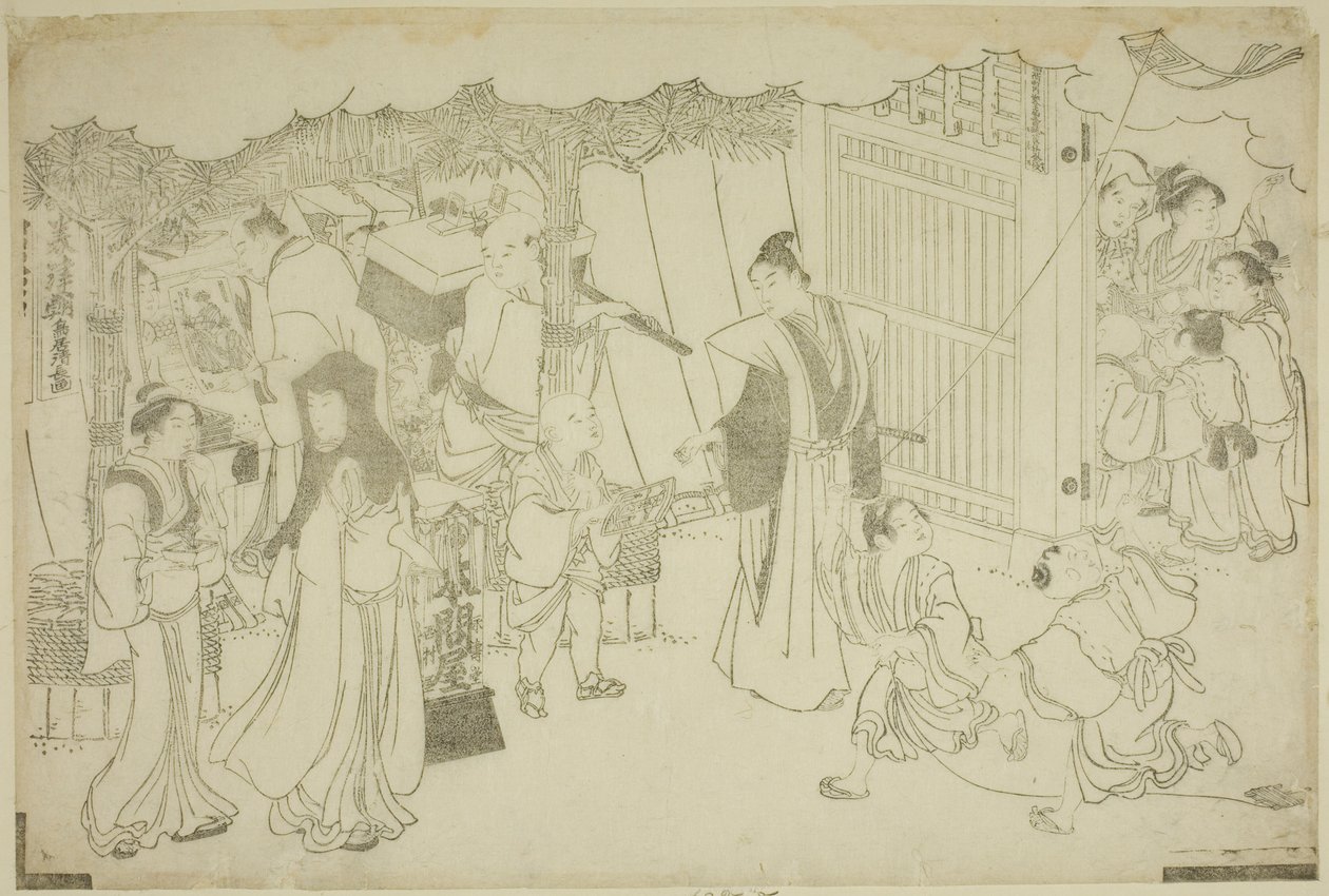 O Primeiro Dia de Negócios (Akinai hajime), do livro ilustrado "Colors of the Triple Dawn (Saishiki mitsu no asa)" de Torii Kiyonaga
