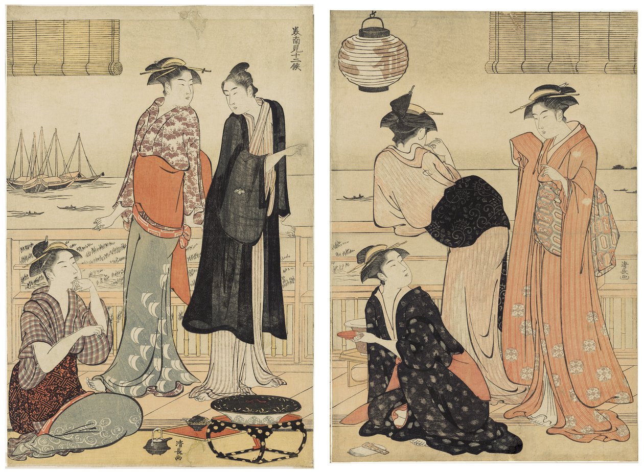 O Sexto Mês, Desfrutando da Noite Fresca em uma Casa de Chá, da série Os Doze Meses no Bairro Sul (Minami jūni kō) de Torii Kiyonaga