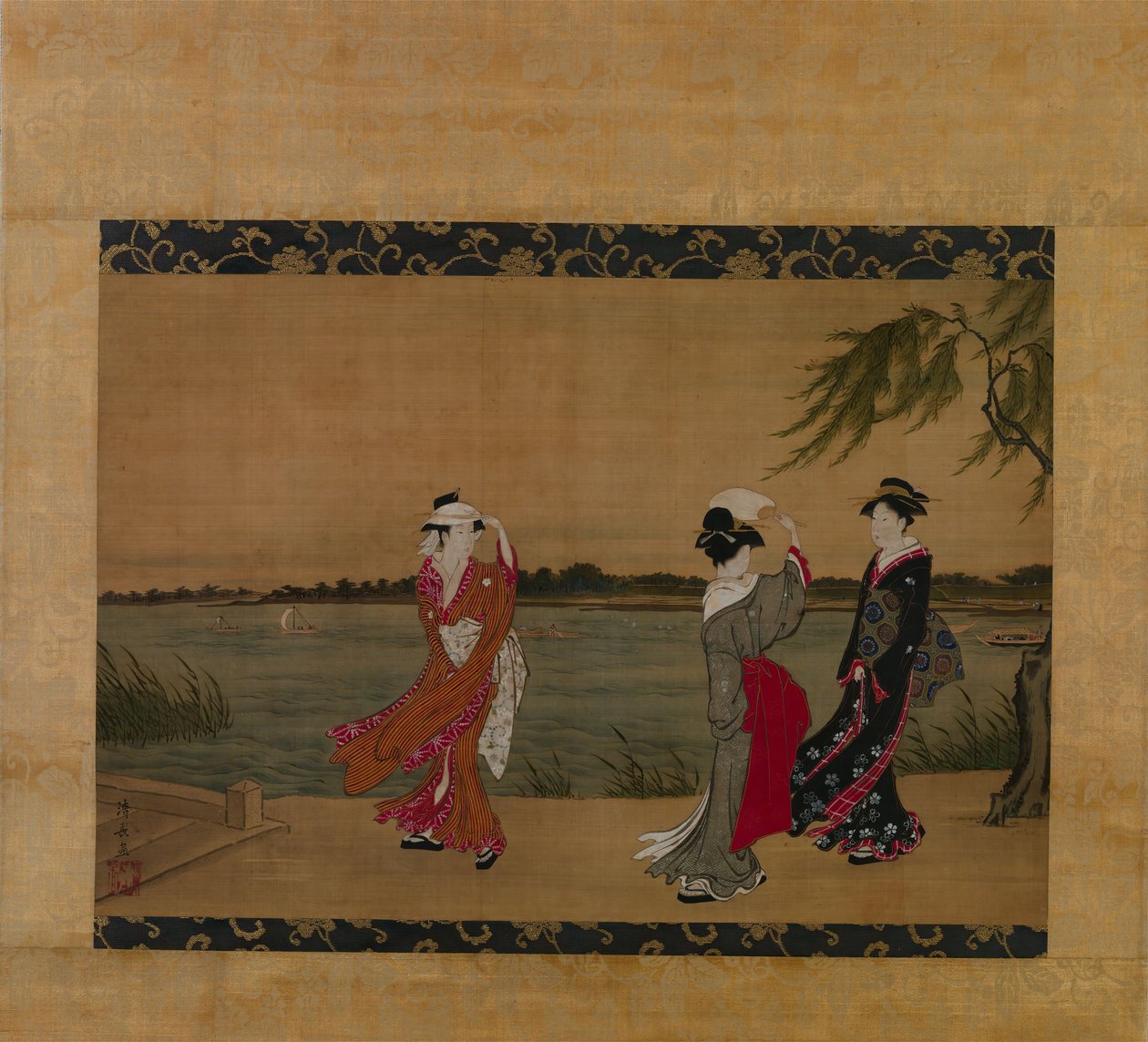 Três meninas na margem do rio, início do século 19. de Torii Kiyonaga