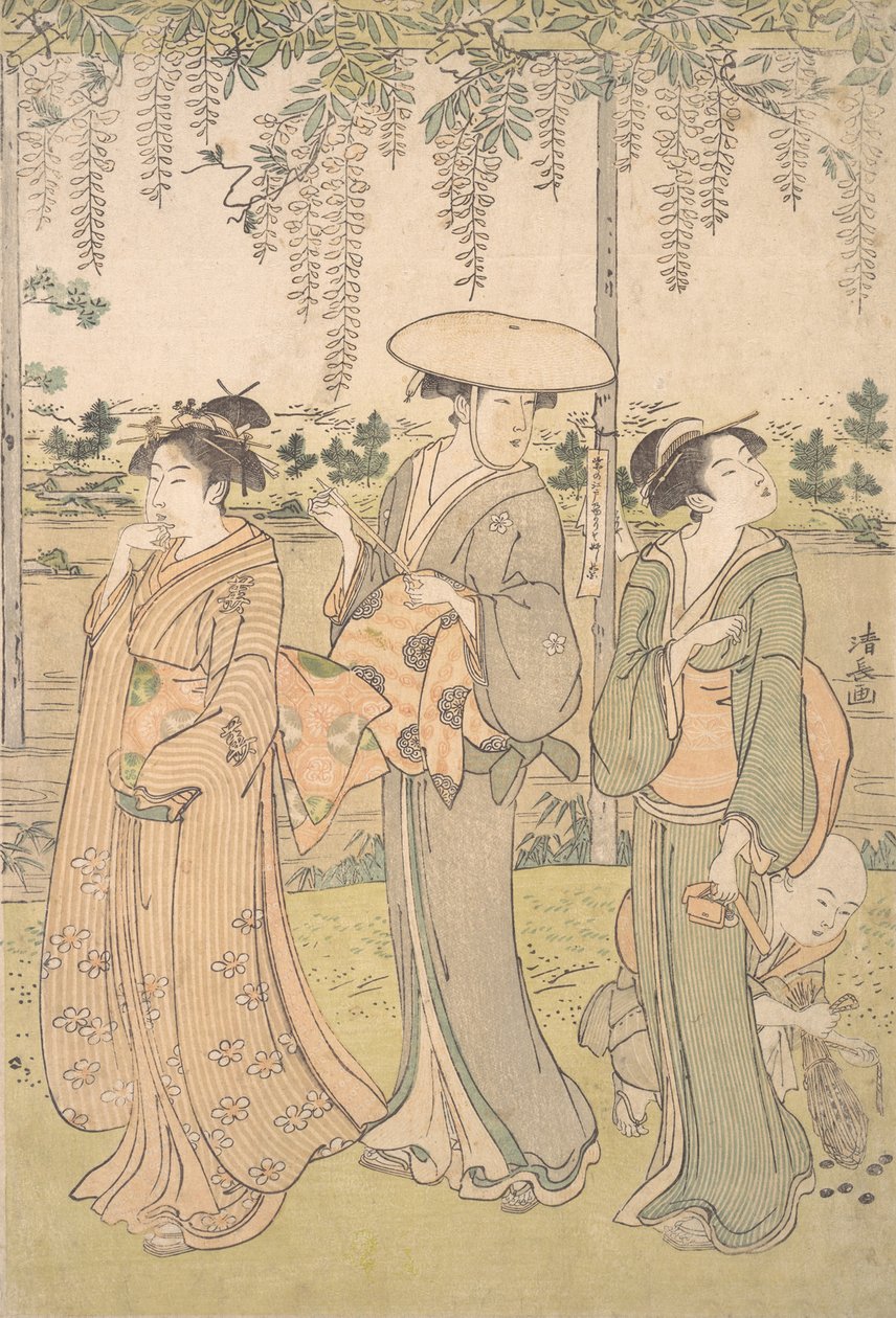Três Mulheres e um Menino Pequeno por baixo de um Wisteria Arbor no Banco de uma Corrente, ca. 1790. de Torii Kiyonaga