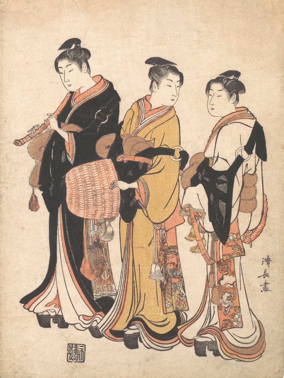 Três moças disfarçadas de menestrel passeando de Komuso, ca. 1778. de Torii Kiyonaga