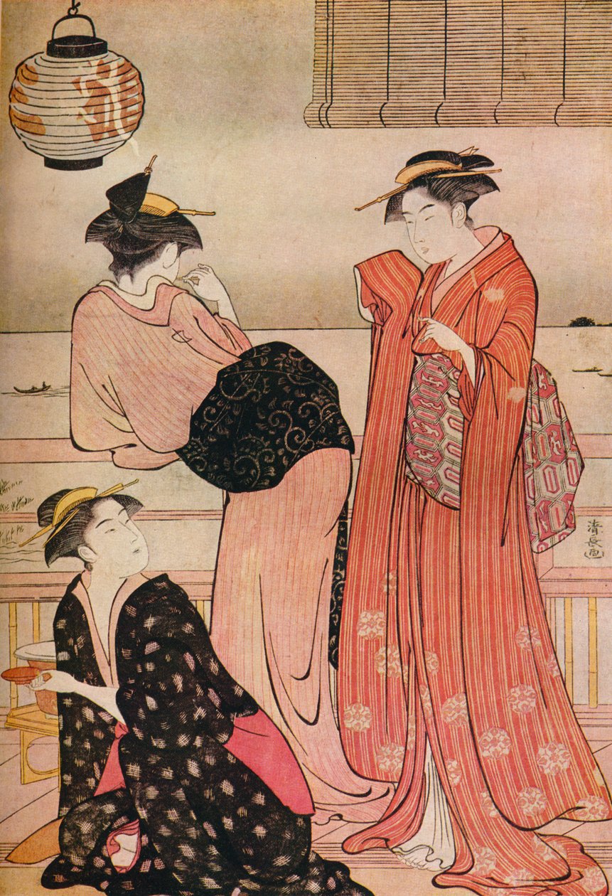 Três meninas na varanda de uma casa de chá com vista para Edo Bay em Shinagawa, c1752-1815 de Torii Kiyonaga