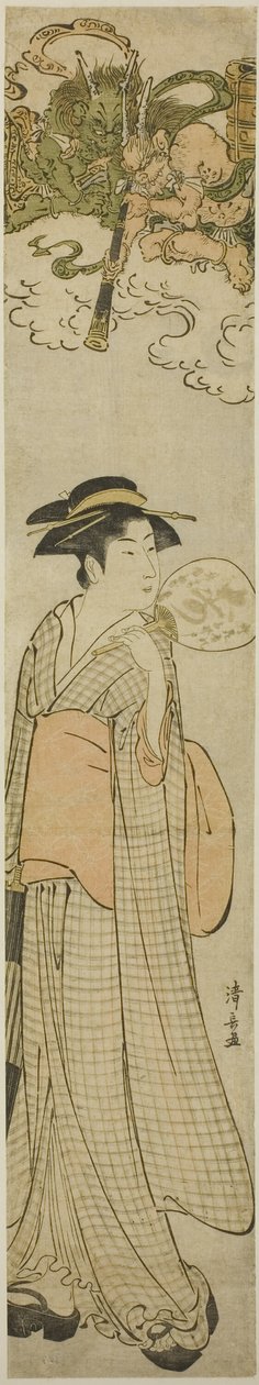 Deuses do trovão espiando uma beleza através de um telescópio de Torii Kiyonaga