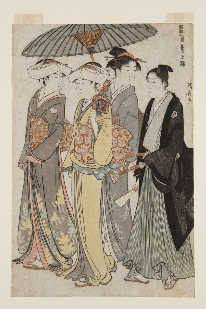 Duas Filhas de um Bannerman com uma Mulher Servidora e um Homem Jovem (impressão em bloco de madeira a cores) de Torii Kiyonaga