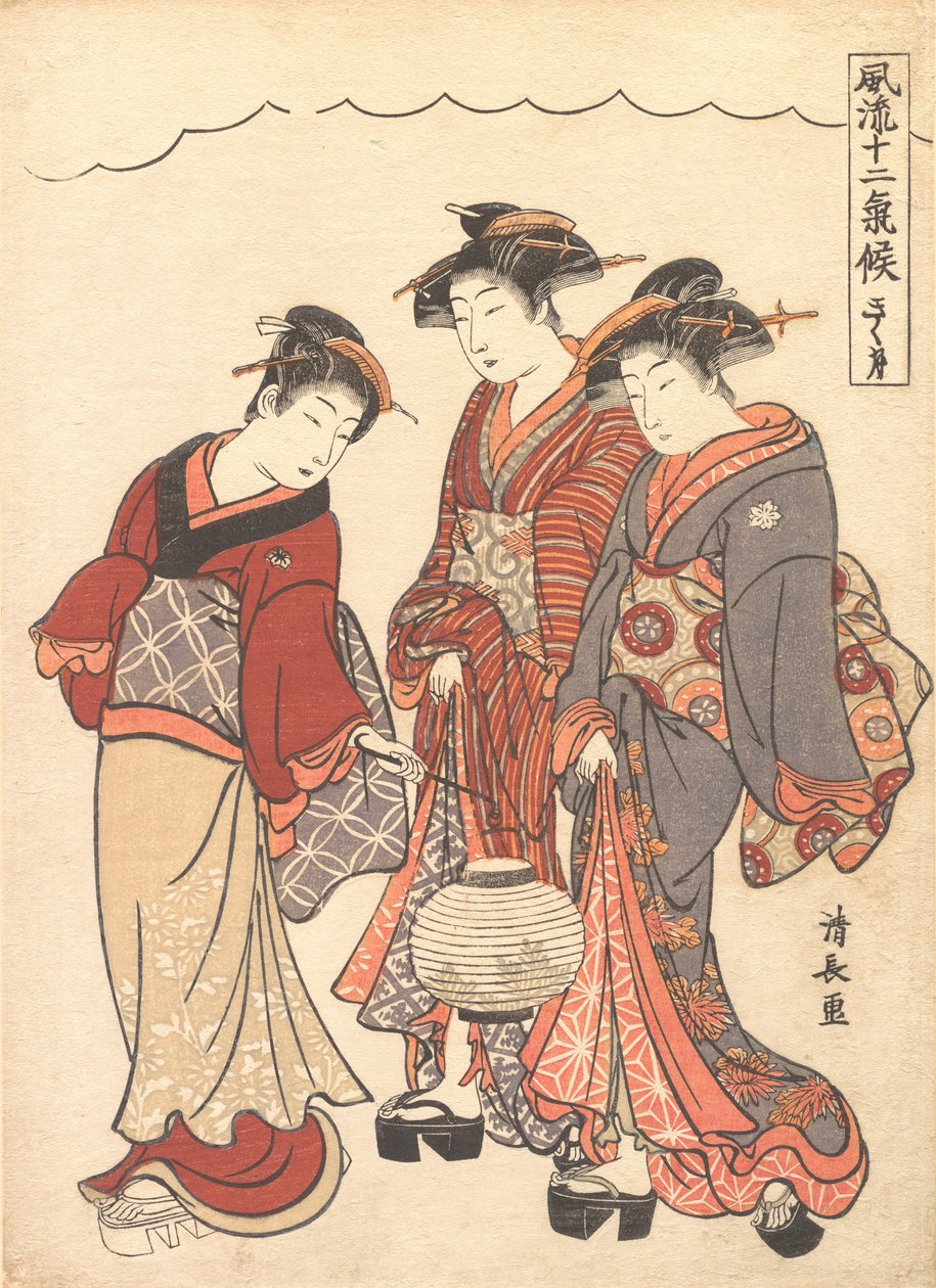 Duas gueixas precedidas por uma empregada carregando uma lanterna, ca. 1778. de Torii Kiyonaga