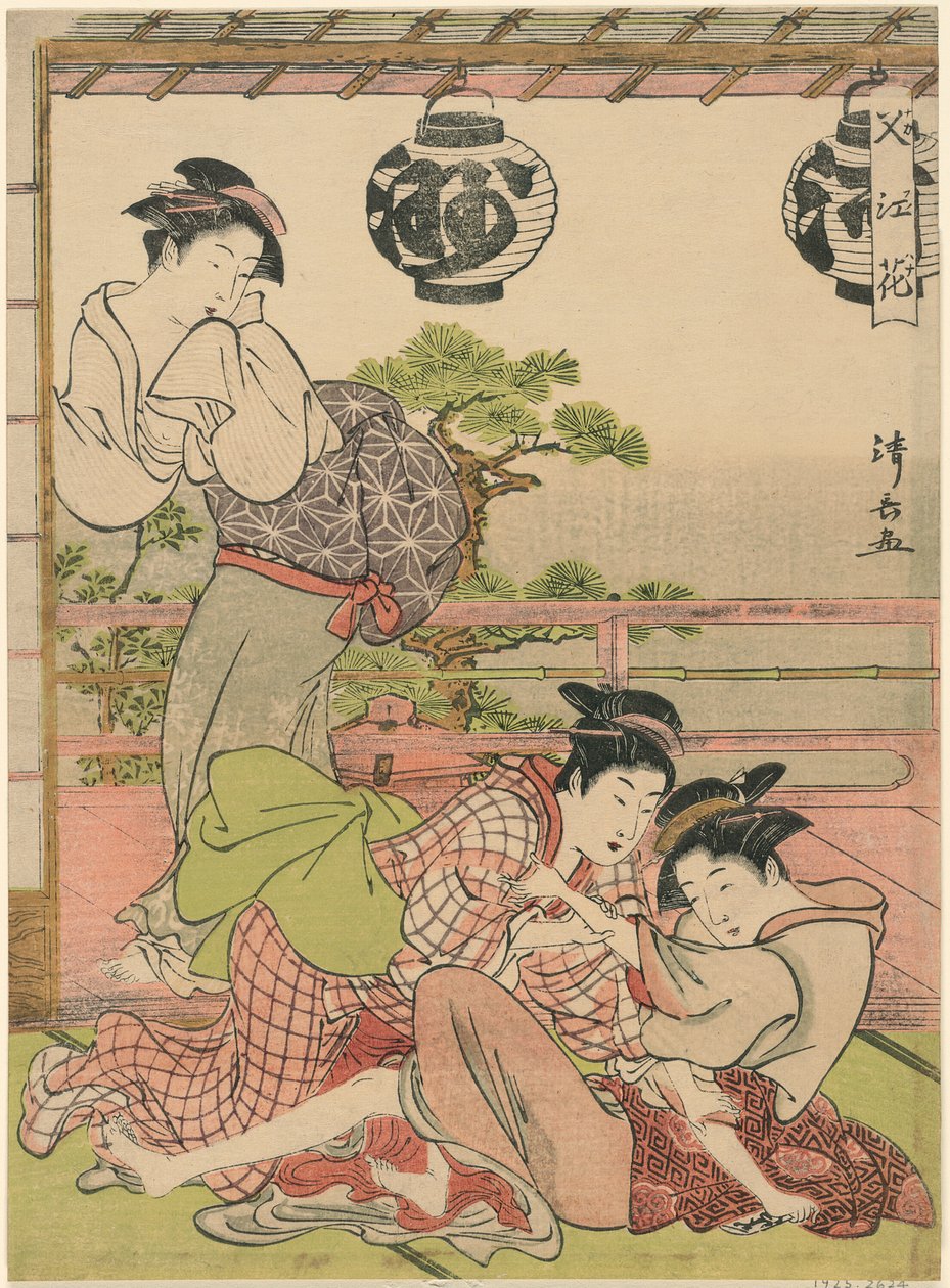 Duas Gueixas Lutando por uma Carta (Fumi no arasoi), da série "Flores de Nakasu (Nakasu no hana)" de Torii Kiyonaga