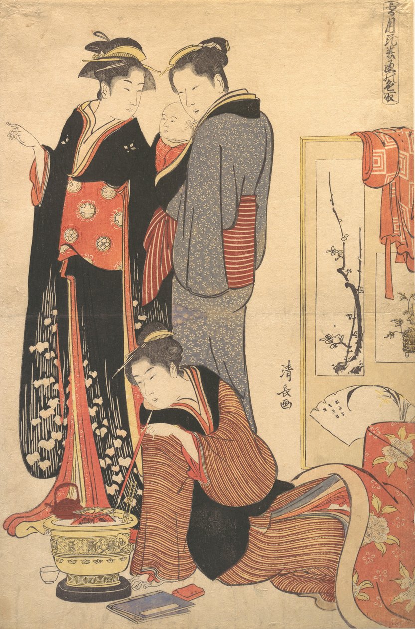 Duas mulheres de pé, segurando uma criança, ca. 1785. de Torii Kiyonaga