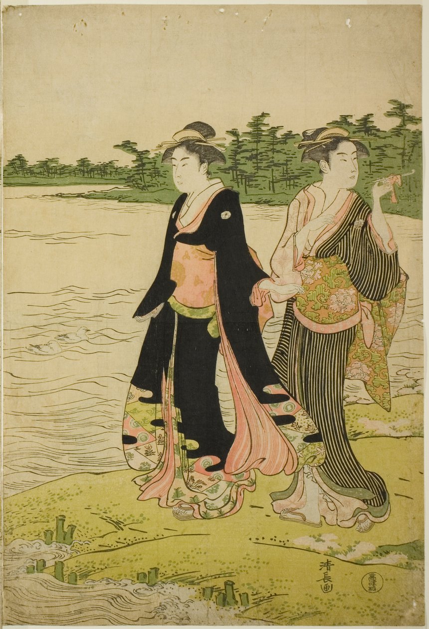 Duas mulheres esperando por uma balsa no rio Sumida de Torii Kiyonaga
